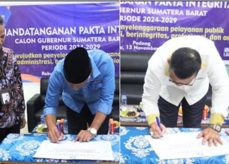 Calon Gubernur (Cagub) Sumatera Barat, Mahyeldi Ansharullah dan Epyardi Asda, menandatangani Pakta Integritas Peningkatan Kualitas Penyelenggaraan Pelayanan Publik bersama Ombudsman RI Perwakilan Sumatera Barat pada Rabu (13/11).