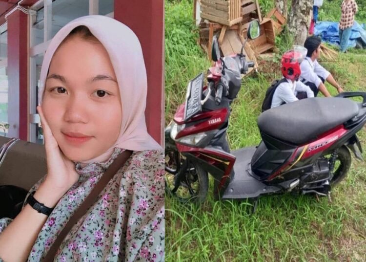 Kolase foto: Siska Oktavia Rusdi bersama sepeda motor miliknya yang ditemukan Kelurahan Koto Pulai Kecamatan Koto Tangah Padang pada Rabu (24/1/2024).