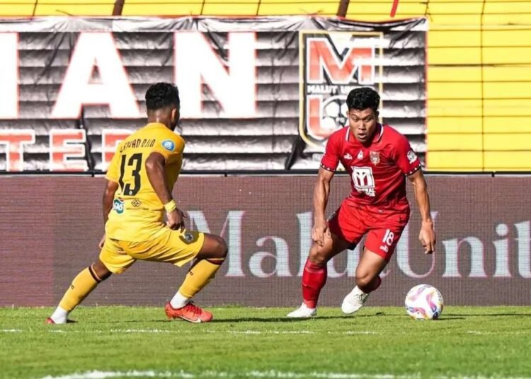 Laga Malut United vs Semen Padang di paruh pertama musim BRI Liga 1 2024-2025 di Stadion Sultan Agung Bantul, Jumat (13/9/2025). (Foto: Malut United).