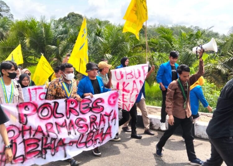 Massa aliansi organisasi kemasyarakatan pemuda (OKP) dan mahasiswa se-Dharmasraya menggelar aksi damai di Mapolres Dharmasraya, Senin (17/2).