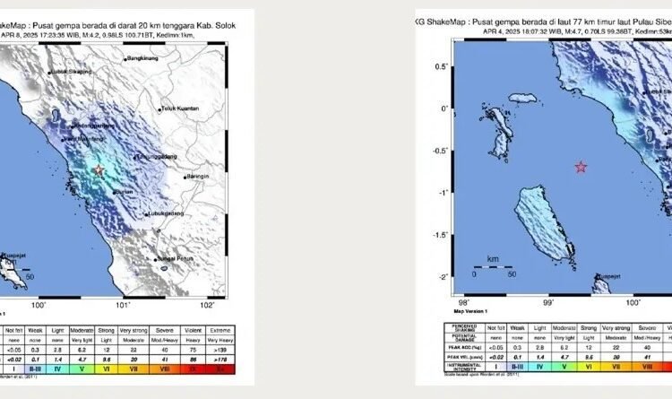 Dua gempa yang dirasakan di Sumbar dalam sepekan. (foto: Instagram/BMKG Padang Panjang).