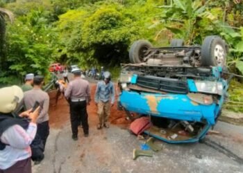 Truk Pengangkut Serbuk Kayu Terbalik di Pendakian di Padang