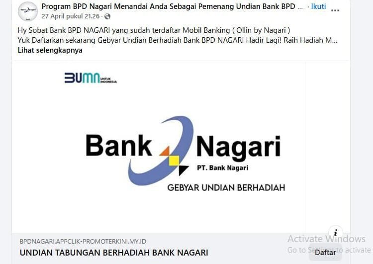 angkapan layar postingan hoaks mengatasnamakan Bank Nagari di Facebook.