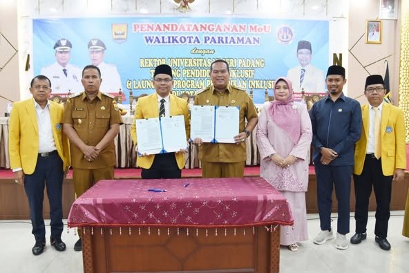 Pemerintah Kota (Pemko) Pariaman dan Universitas Negeri Padang (UNP) meneken Nota Kesepahaman atau Memorandum of Understanding (MoU) Pendidikan Inklusif di Aula Pertemuan Balai Kota Pariaman, Senin (26/5).