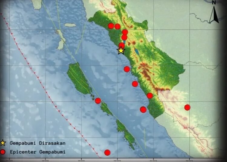 Peta sebaran gempa di Sumbar (foto: Ig/BMKG Padang Panjang).