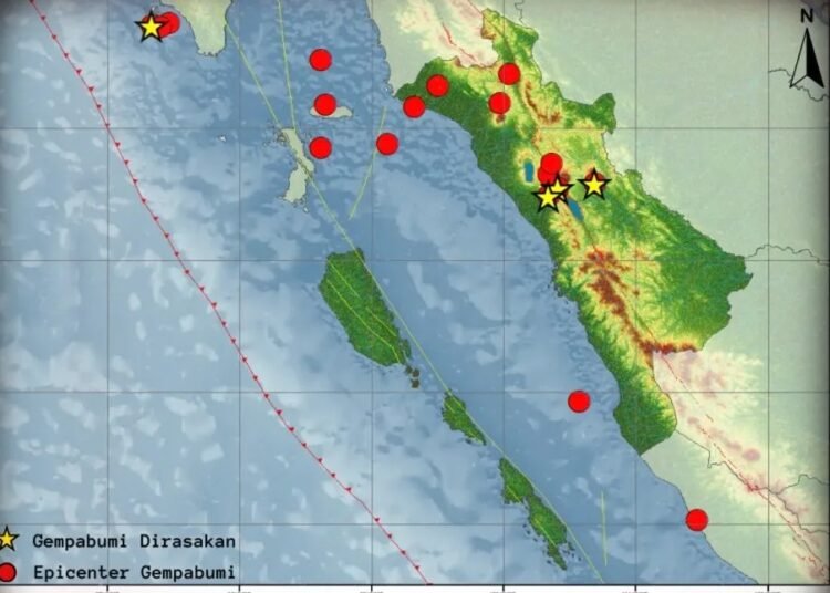 Peta sebaran gempa di Sumbar (foto: Ig/BMKG Padang Panjang).
