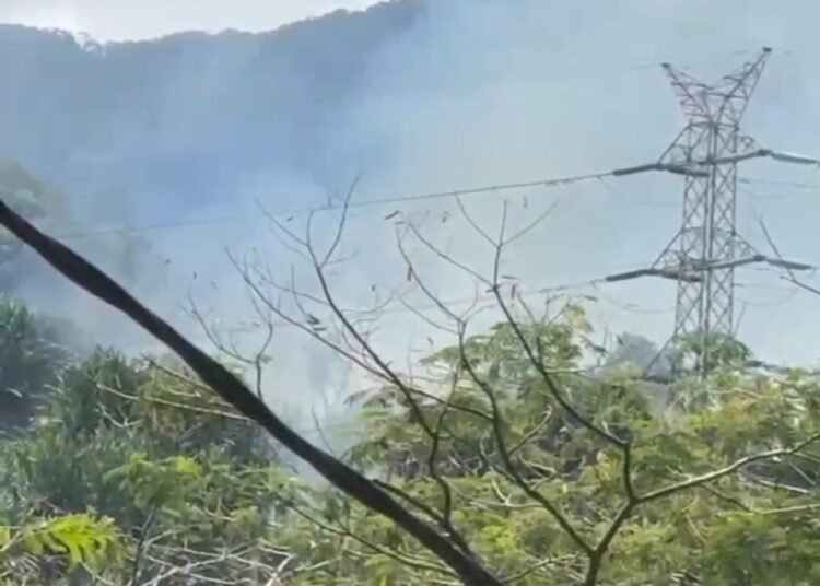 Asap membubung dari Taman Hutan Raya (Tahura) Bung Hatta di Kelurahan Indarung, Kecamatan Lubuk Kilangan, Kota Padang, yang terbakar pada Sabtu (21/6).