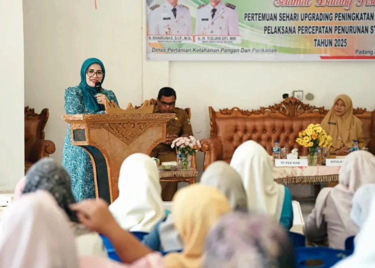 Ketua TP-PKK Kabupaten Solok Selatan, Erniati Khairunas saat Pertemuan Sehari Upgrading Peningkatan Kapasitas SDM Pelaksana Kegiatan Percepatan Penurunan Stunting. (foto: Pemkab Solok Selatan).