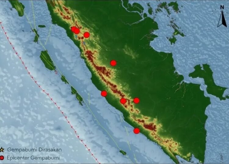 Peta sebaran gempa di Sumbar (foto: Ig/BMKG Padang Panjang).