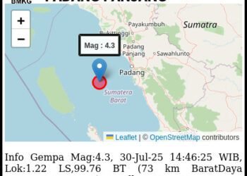 Gempa Magnitudo 4,3 Guncang Wilayah Kota Padang