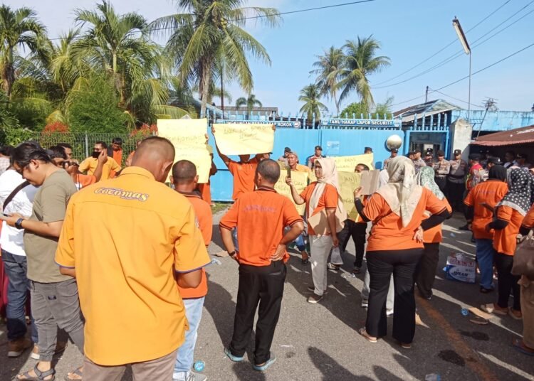 Ratusan karyawan PT Bumi Sarimas Indonesia di Kabupaten Padang Pariaman menggelar aksi unjuk rasa pada Senin, (4/8).