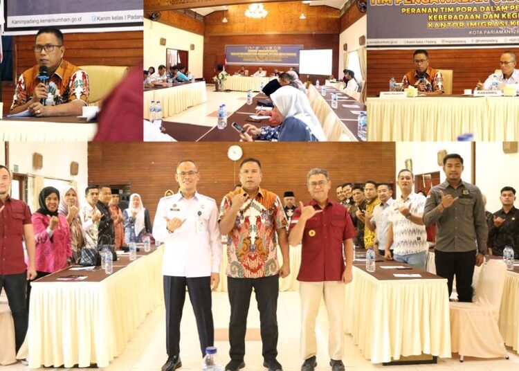 Kolase foto Rapat Koordinasi (Rakor) Tim Pengawasan Orang Asing (Tim Pora) Kota Pariaman di Kantor Imigrasi Kelas I TPI Padang di Aula Anai Land Resort, Kamis (28/8).