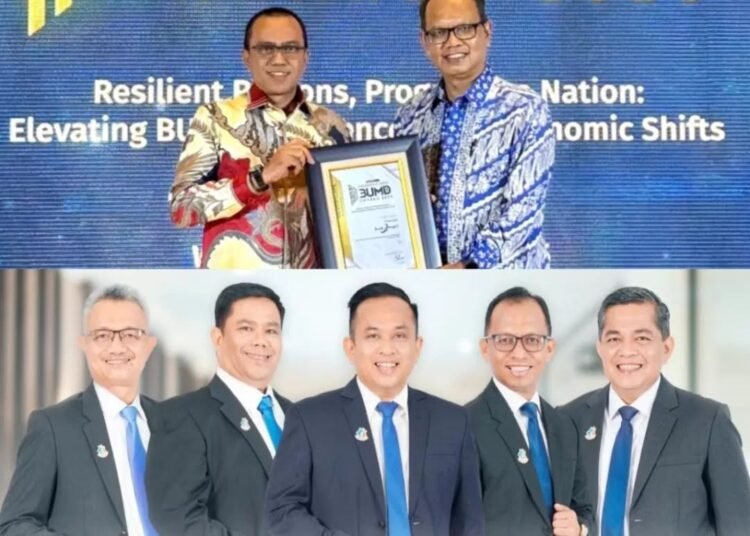 Kolase foto: Pemimpin Bank Nagari Jakarta, Yosviandri menerima penghargaan Integrated Digital Banking Services kategori Bank Pembangunan Daerah (BPD) pada ajang Indonesia Best BUMD Awards 2025 dan jajaran direksi Bank Nagari.