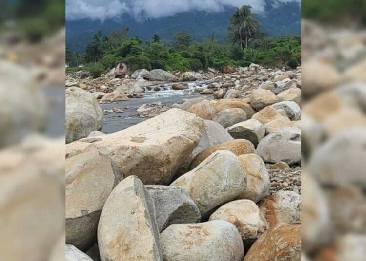 Batu-batu besar disusun oleh PT Tigo Padusi Nusantara di pinggir sungai Batang Salido di Nagari Koto Rawang, Kecamatan IV Jurai, Pesisir Selatan. Foto: IST