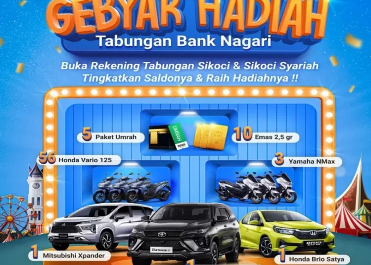 Bank Nagari kembali menghadirkan program Gebyar Hadiah Tabungan 2025–2026 dengan menyiapkan total 76 hadiah spektakuler bagi nasabah setia. Hadiah utama berupa satu unit Toyota Fortuner VRZ sebagai grand prize.