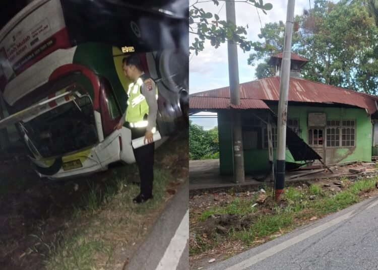 Bus NPM  mengalami kecelakaan di Jorong Pasia, Nagari Tikalak, Kecamatan X Koto Singkarak, Kabupaten Solok, pada Jumat (19/9/2025) dini hari. Foto: Polres Solok Kota