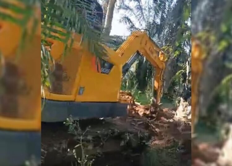 Pekerja Yarsi Sumbar menggali parit dengan ekskavator di sekeliling tanah yang diklaim sebagai milik yayasan itu di Jorong Batang Biyu, Nagari Lingkuang Aua Timur, Kecamatan Kinali, Pasaman Barat, beberapa waktu yang lalu. Foto: IST