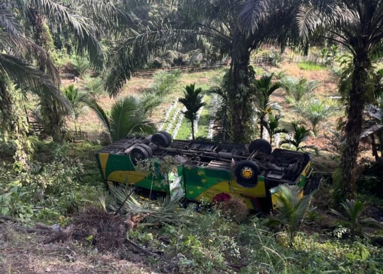 Bus Family Raya masuk jurang di Bukit Sebelah, Kecamatan Tanjung Gadang, Sijunjung pada Kamis (13/11/2025).