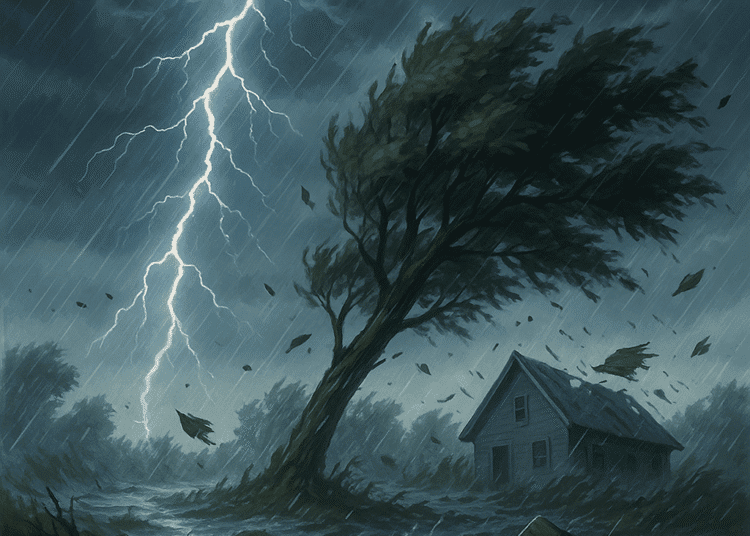 Ilustrasi kondisi cuaca ekstrem yang menggambarkan hujan lebat, angin kencang, dan aktivitas atmosfer tidak stabil. Fenomena seperti ini berpotensi memicu banjir, longsor, dan gangguan hidrometeorologi di berbagai wilayah.