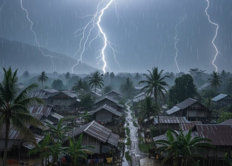 Ilustrasi hujan lebat disertai petir. Foto: Ilustrasi AI