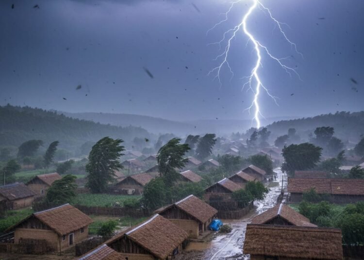 Ilustrasi hujan disertai petir dan angin kencang. Foto: Ilustrasi AI