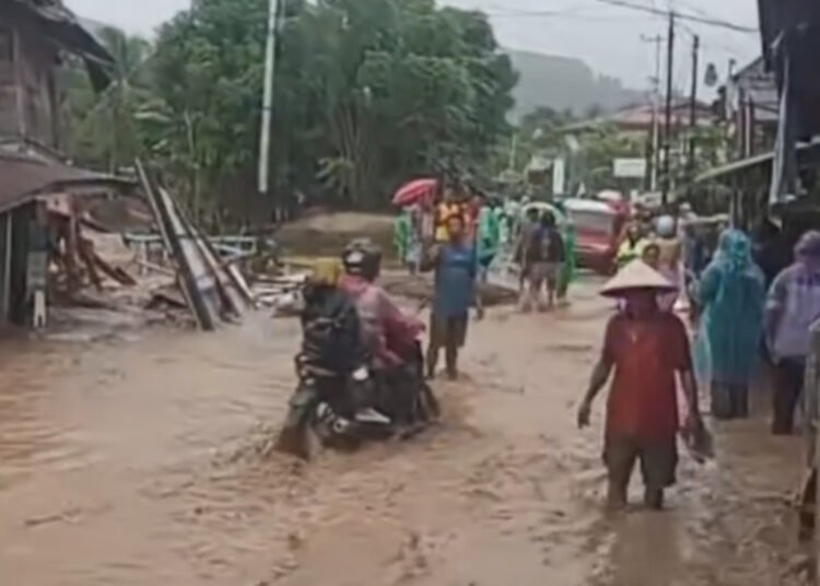Banjir menggenangi Nagari Saniang Baka, Kecamatan X Koto Singkarak, Kabupaten Solok, pada Jumat (2/1).
