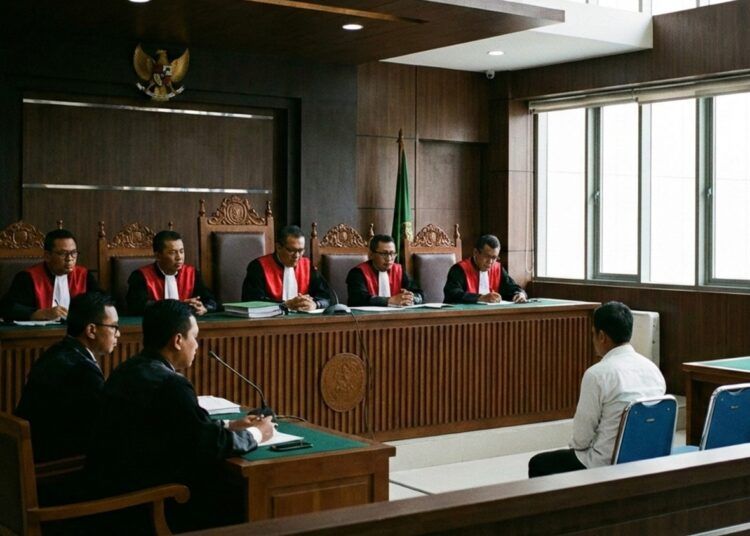 Ilustrasi terdakwa sidang di pengadilan. Ilustrasi: AI