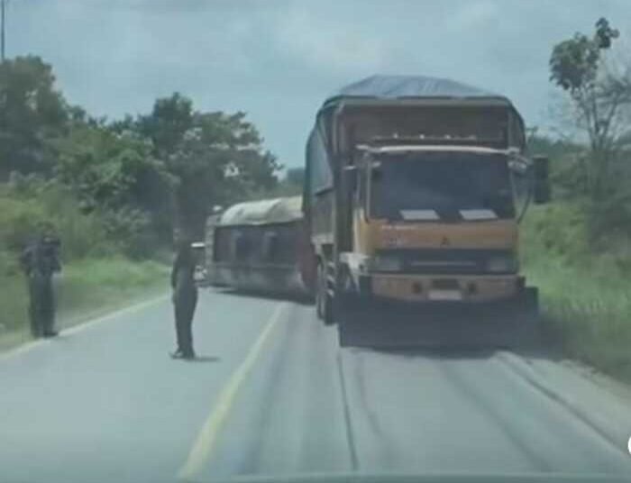Satu unit truk terbalik di Jalan Lintas Sumatera, tepatnya di Koto Baru, Simpang Abai, Kabupaten Dharmasraya, pada Jumat (23/1/2026) siang. Foto: Tangkapan layar media sosial