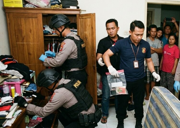 Ilustrasi polisi menggeledah rumah kos untuk mencari barang bukti sabu-sabu. Ilustrasi: AI