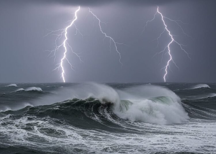 BMKG memprediksi cuaca di perairan Sumatera Barat akan didominasi awan tebal hingga hujan petir dengan potensi gelombang mencapai 2,5 meter pada 30–31 Januari 2026. Foto: Ilustrasi AI