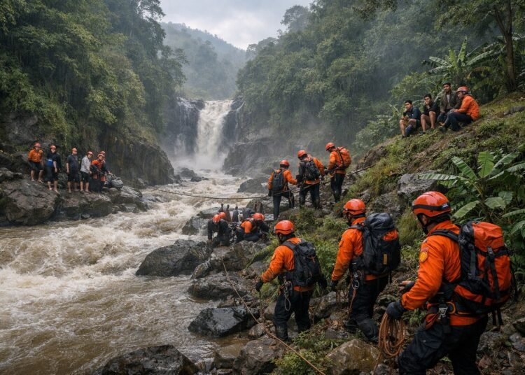 Sebanyak delapan orang terjebak di kawasan air terjun di Sungai Bangek, Balai Gadang, Kecamatan Koto Tangah, Kota Padang, Senin (16/2/2026) sore. Foto: Ilustrasi AI