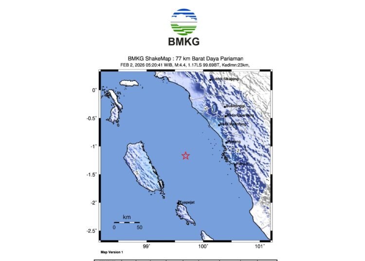 Wilayah Pulau Siberut, Kepulauan Mentawai, dan sekitarnya diguncang gempa tektonik pada Senin (2/2/2026) pagi.