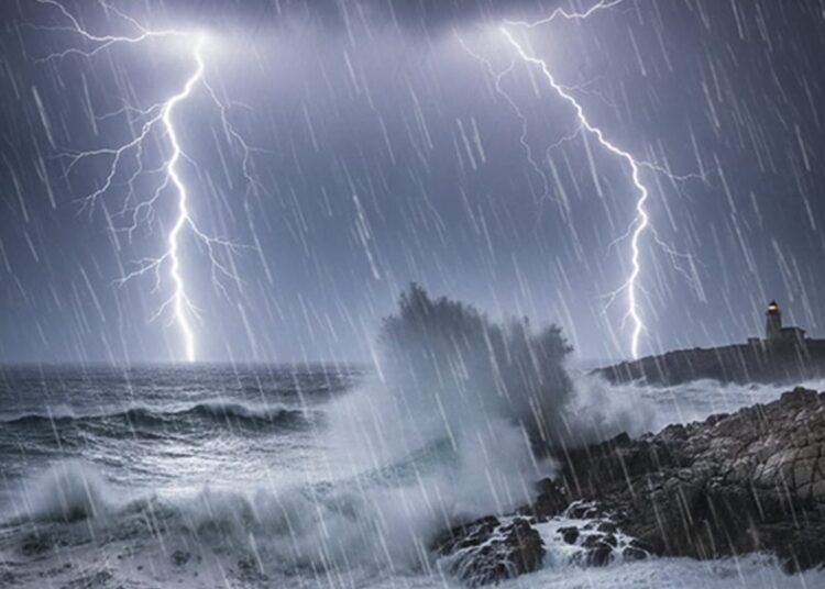 Badan Meteorologi, Klimatologi, dan Geofisika (BMKG) Maritim Teluk Bayur memprediksi cuaca di perairan Sumatera Barat akan berawan tebal hingga hujan petir, dengan potensi gelombang mencapai 2,5 meter pada 16–19 Februari 2026. Foto: Ilustrasi AI