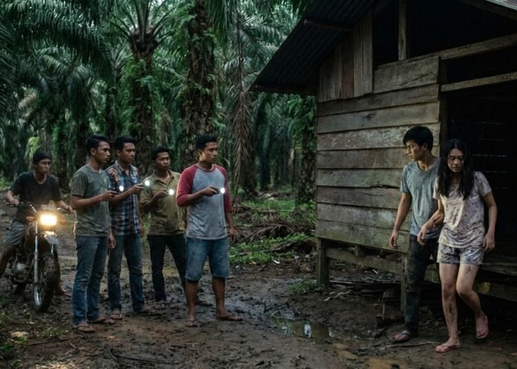 Ilustrasi lima pemuda menggerebek sepasang remaja di pondok sawit. Ilustrasi: AI