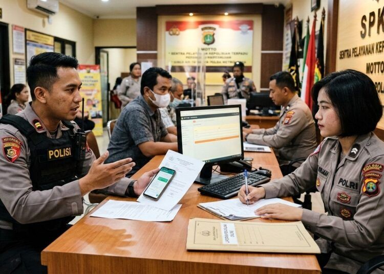 Ilustrasi melaporkan polisi ke kantor polisi. Ilustrasi: AI