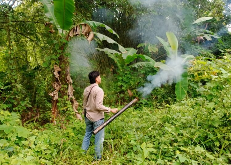 Petugas BKSDA Resort Sijunjung mengusir beruang madu di kebun warga Nagari Sijunjung, Kecamatan Sijunjung, Sijunjung, dengan sejumlah alat, salah satunya meriam besi, pada Kamis (25/2/2026). Foto: BKSDA Resort Sijunjung
