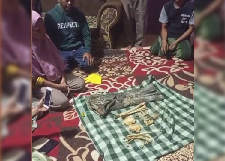 Kerangka manusia yang ditemukan di darat dekat pinggir sungai Batang Sikerbau, Nagari Ujung Gading, Kecamatan Lembah Melintang, Pasaman Barat, dibawa ke rumahh warga, yang mengaku orang tua pemilik kerangka tersebut, pada Sabtu (28/2/2026). Foto: IST
