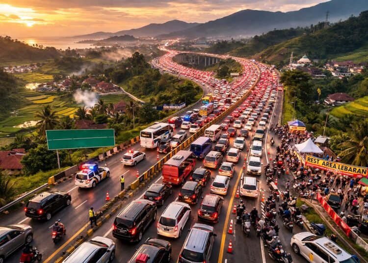 Puncak arus mudik dan arus balik Lebaran 2026 diprediksi terjadi dalam dua gelombang. Foto: Ilustrasi AI