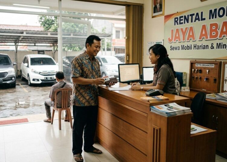 Ilustrasi seorang pria merental mobil di tempat usaha rental mobil. Ilustrasi: AI
