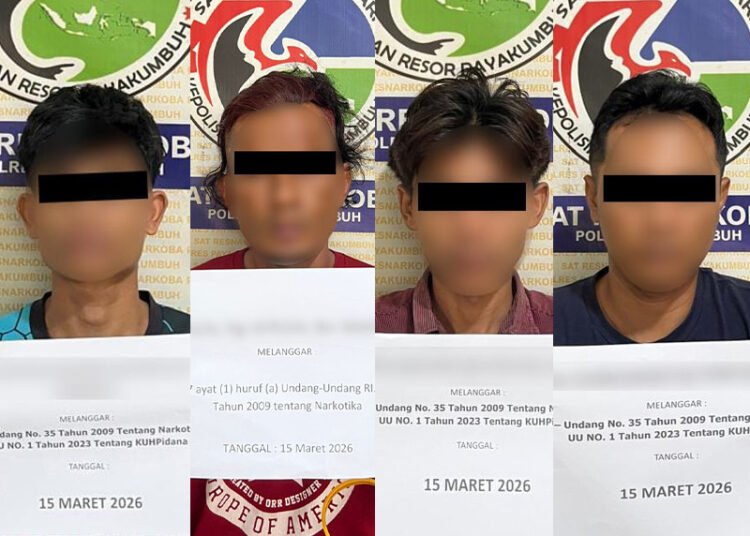 Polisi menangkap empat pria yang yang sedang asyik mengisap sabu-sabu di sebuah rumah di Dusun Nan Onam, Nagari Labuah Gunung, Kecamatan Lareh Sago Halaban, Limapuluh Kota, pada Minggu (15/3/2026). Foto: Polres Payakumbuh