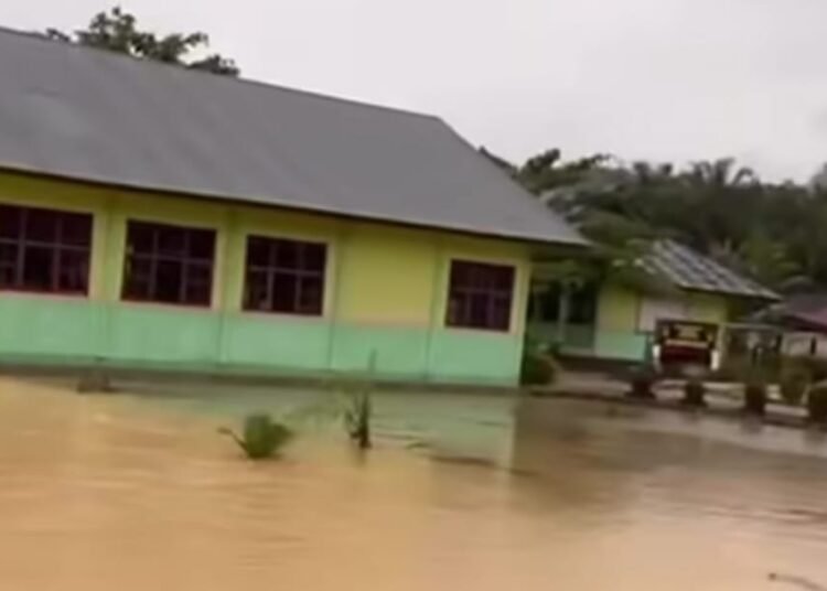 Hujan deras yang mengguyur Kabupaten Dharmasraya sejak Selasa (17/3/2026) pagi menyebabkan Sungai Batang di Jorong Marga Raya, Nagari Taratak Tinggi, Timpeh di Kecamatan Timpeh, meluap dan merendam permukiman warga.