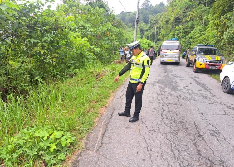 Polisi olah TKP sebuah minibus masuk jurang di Jalan Jorong Koto Alam, Nagari Padang Ganting, Kecamatan Padang Ganting, Kabupaten Tanah Datar, pada Minggu (29/3/2026) sekitar pukul 09.00 WIB. Foto: Polres Tanah Datar