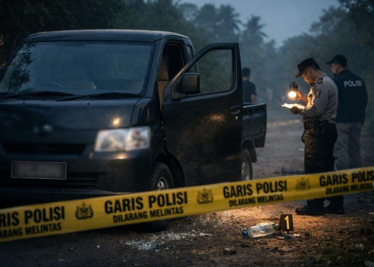 Ilustrasi polisi melakukan oleh TKP di lokasi penemuan mayat dalam mobil.