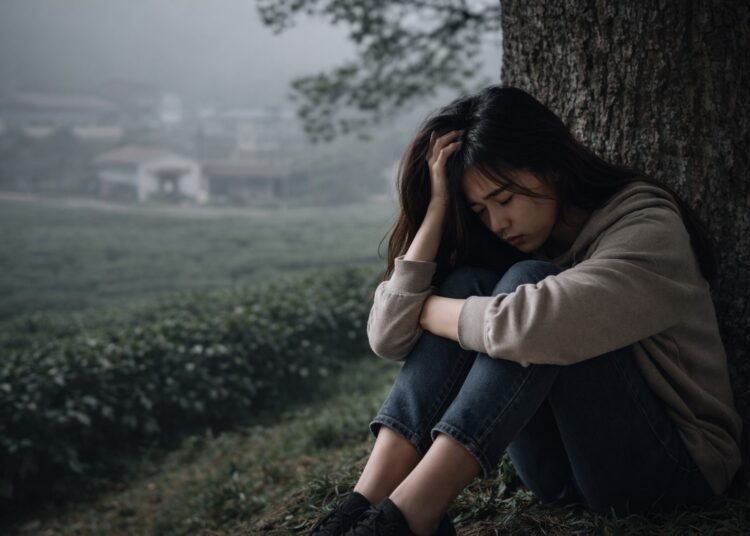 Ilustrasi remaja perempuan sedang memikirkan masalah. Gambar dibuat dengan AI.