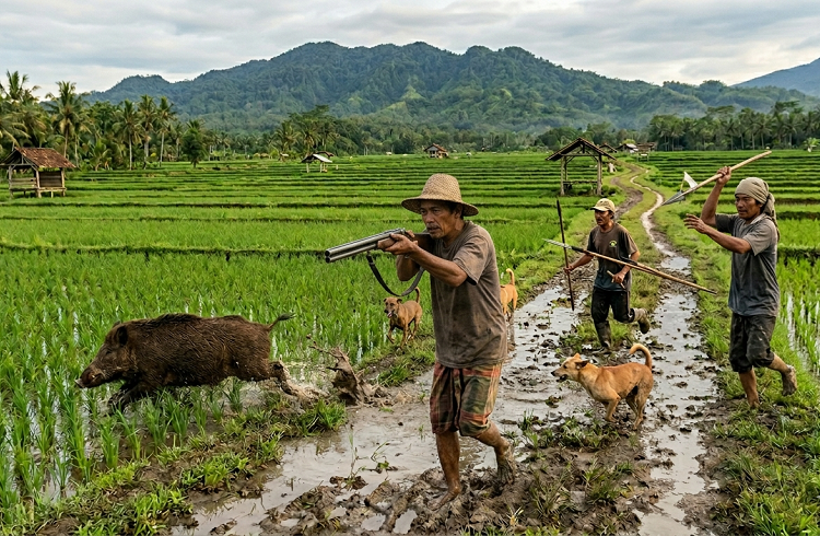Ilustrasi berburu babi. Ilustrasi: Gemini AI