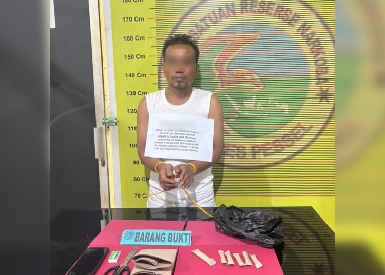 Polisi menangkap seorang pengedar ganja kering inisial AR (41) di Kampung Tambang, Kenagarian Simpang Ampang Pulai, Kecamatan Koto XI Tarusan, Kabupaten Pesisir Selatan, pada Minggu (12/4) malam. Foto: Polres Pesisir Selatan