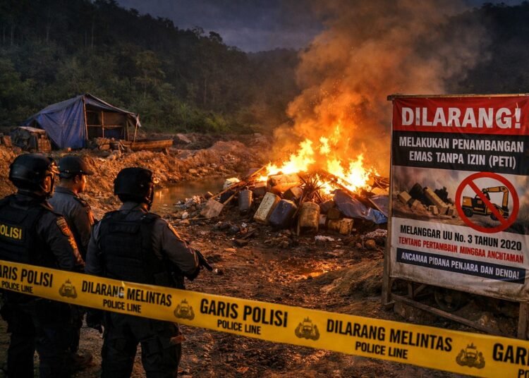 Ilustrasi penertiban tambang emas ilegal. Gambar dibuat dengan AI.