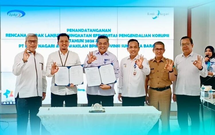 Bank Nagari menandatangani rencana tindak lanjut peningkatan efektivitas pengendalian korupsi tahun 2026 bersama BPKP Sumatera Barat, Selasa (21/4/2026).