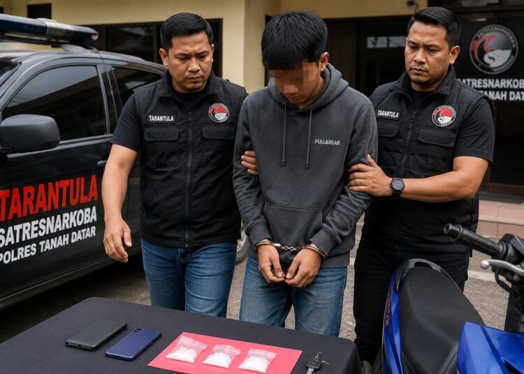 Ilustrasi terduga pelaku dan barang bukti narkoba. Gambar dibuat dengan AI.
