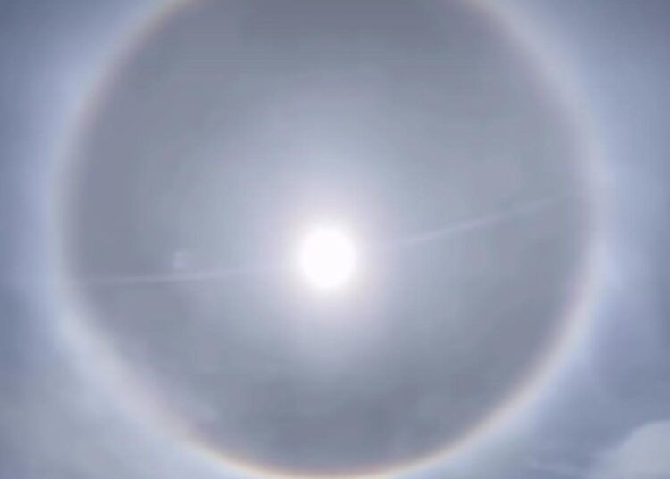 Fenomena lingkaran cahaya yang mengelilingi matahari atau disebut halo matahari muncul di langit Kota Padang, Sumatera Barat pada Senin (1/6/2026) siang sekitar pukul 11.18 WIB